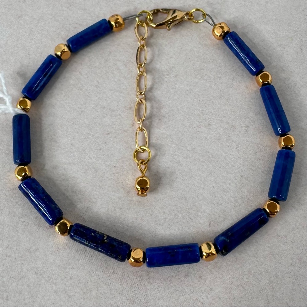 HAND CRAFTED BRACELET Lapis Lazuli Tubes Gold Spacers Lobster Claw Clasp NWT - Picture 2 of 15